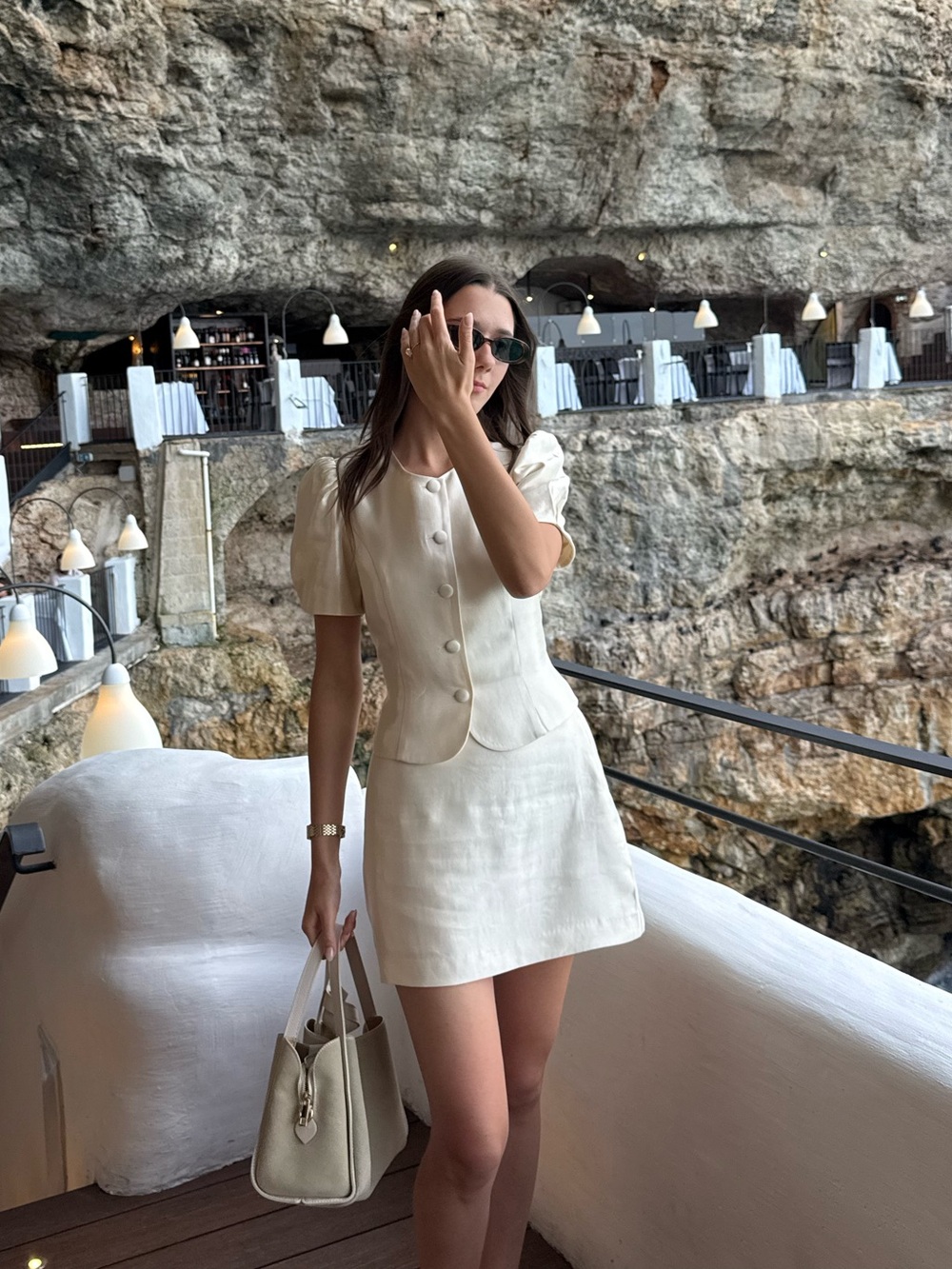 REFORMATION Mika Two Piece Set in Cream - Puff Sleeve Button Top & Mini Skirt - Picture 6 of 6
